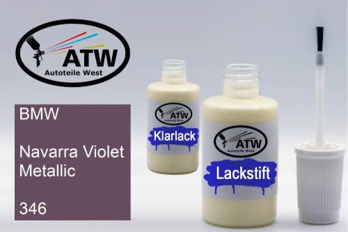 BMW, Navarra Violet Metallic, 346: 20ml Lackstift + 20ml Klarlack - Set, von ATW Autoteile West.